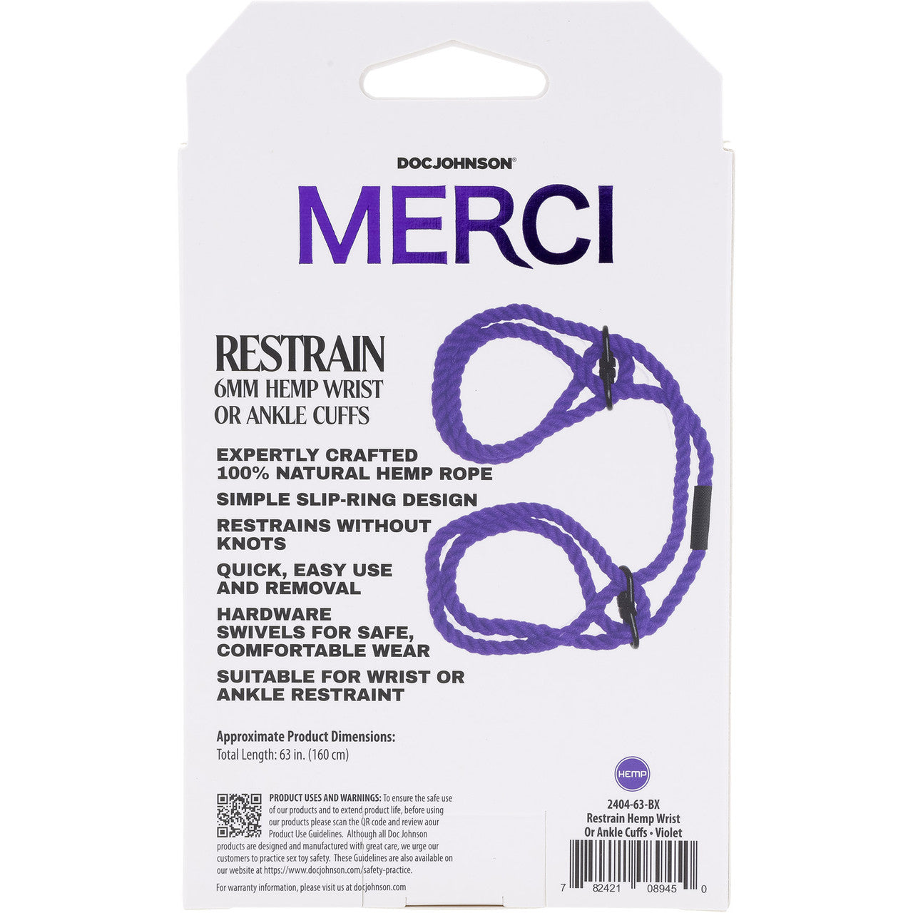 MERCI Restrain Hemp Wrist or Ankle Cuffs By Doc Johnson - Violet