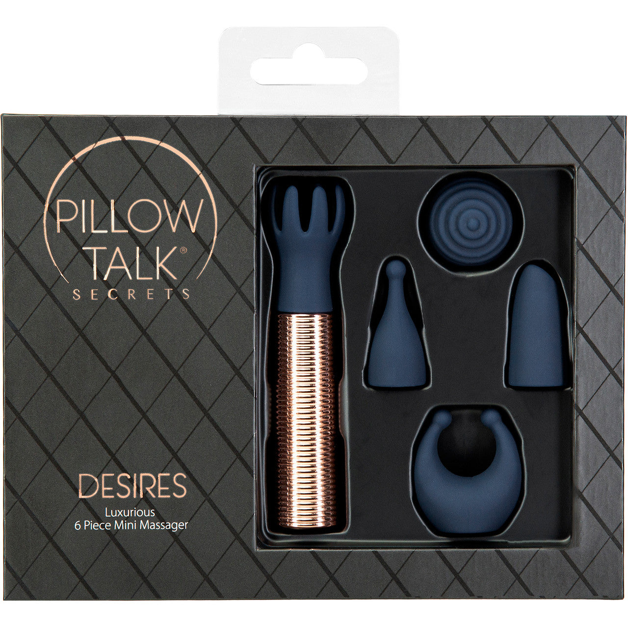 Pillow Talk Secrets - Desires Rechargeable Waterproof Bullet With 6 Piece Silicone Attachment Set