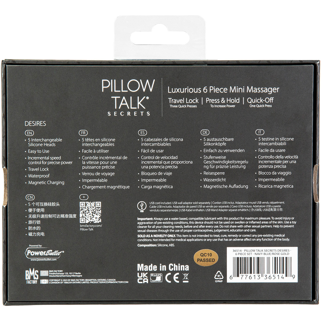 Pillow Talk Secrets - Desires Rechargeable Waterproof Bullet With 6 Piece Silicone Attachment Set