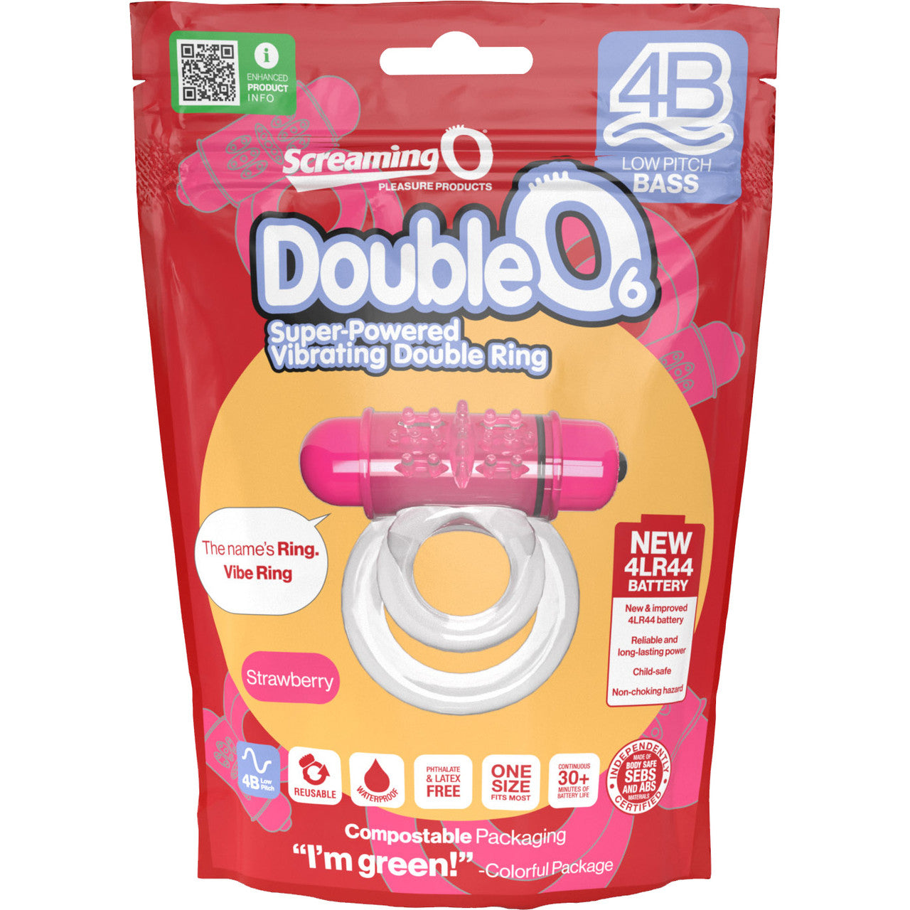 4B DoubleO 6 Super-Powered Vibrating Double Cock Ring By Screaming O - Strawberry