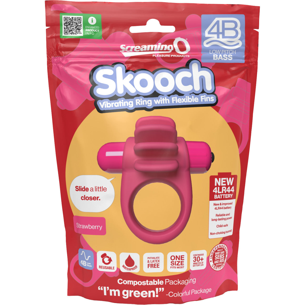 4B Skooch Vibrating Silicone Cock Ring By Screaming O - Strawberry