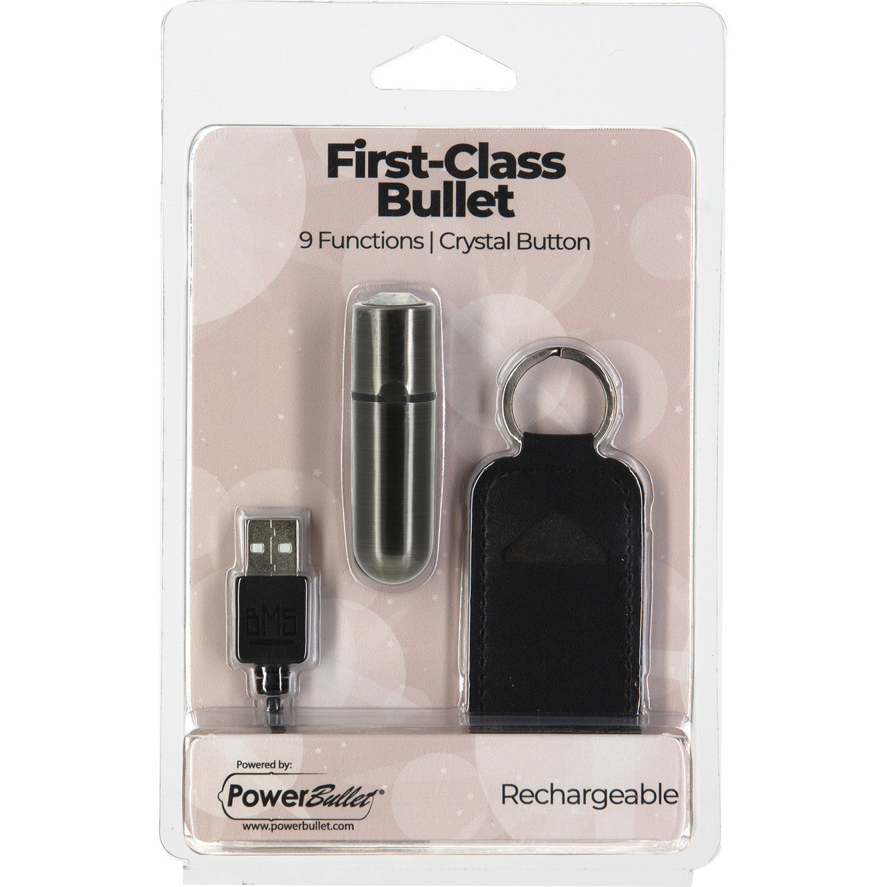 PowerBullet First Class Mini Bullet Vibrator With Crystal Button & Key Chain Pouch - Gun Metal