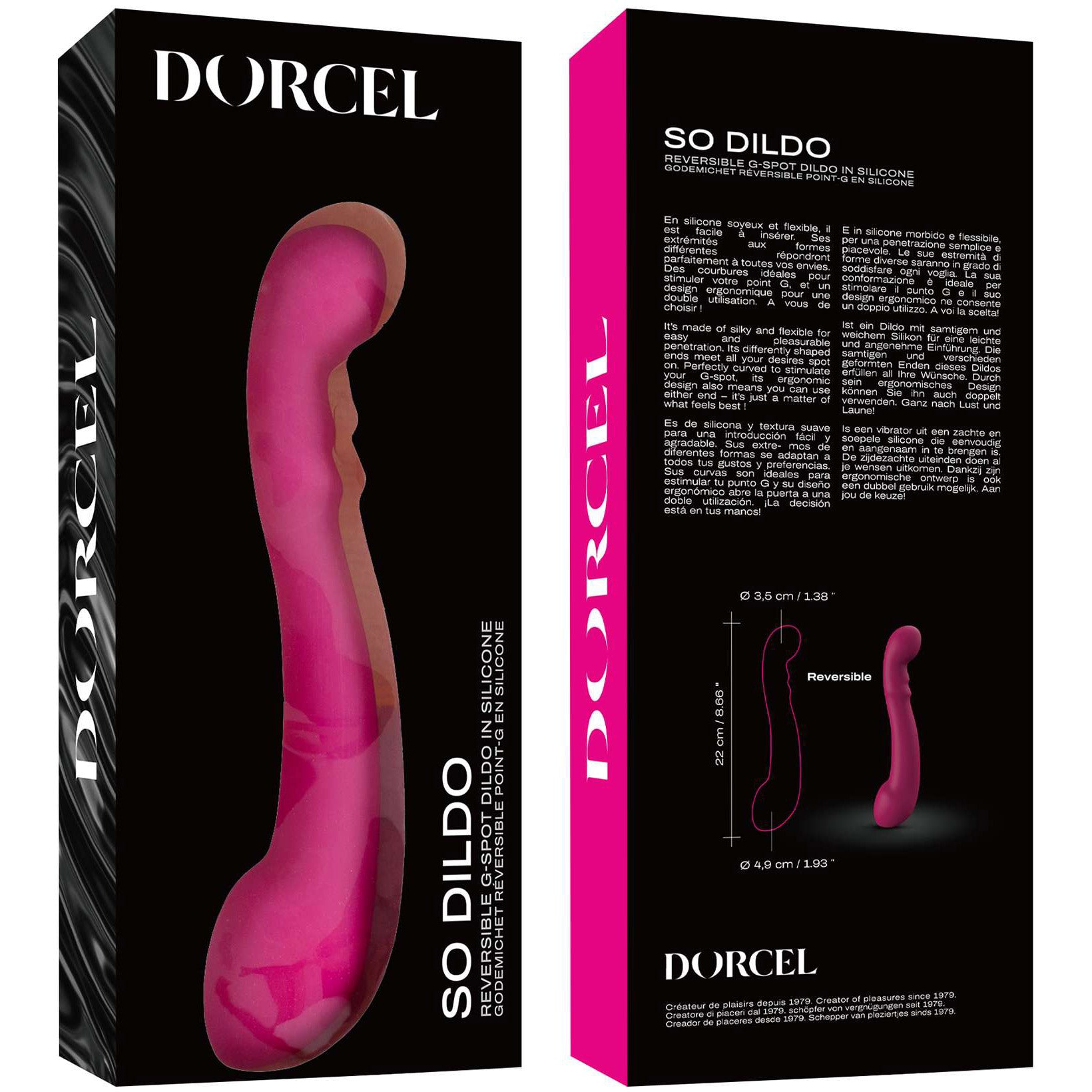Dorcel So Dildo packaging with pink silicone product on a black background