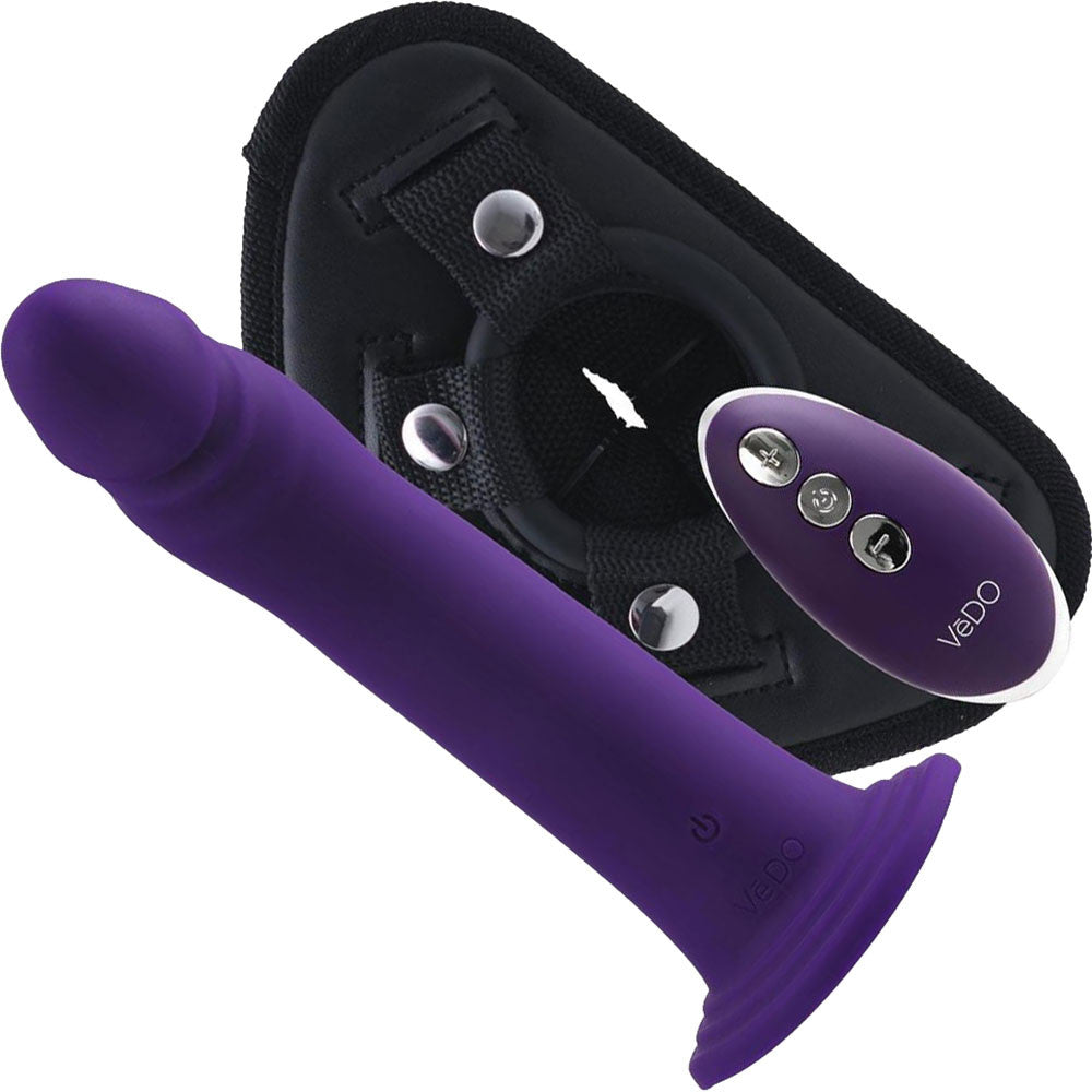 DIKI Silicone Rechargeable Vibrating Strap On kit With Harness & Remote By VeDO - Deep Purple