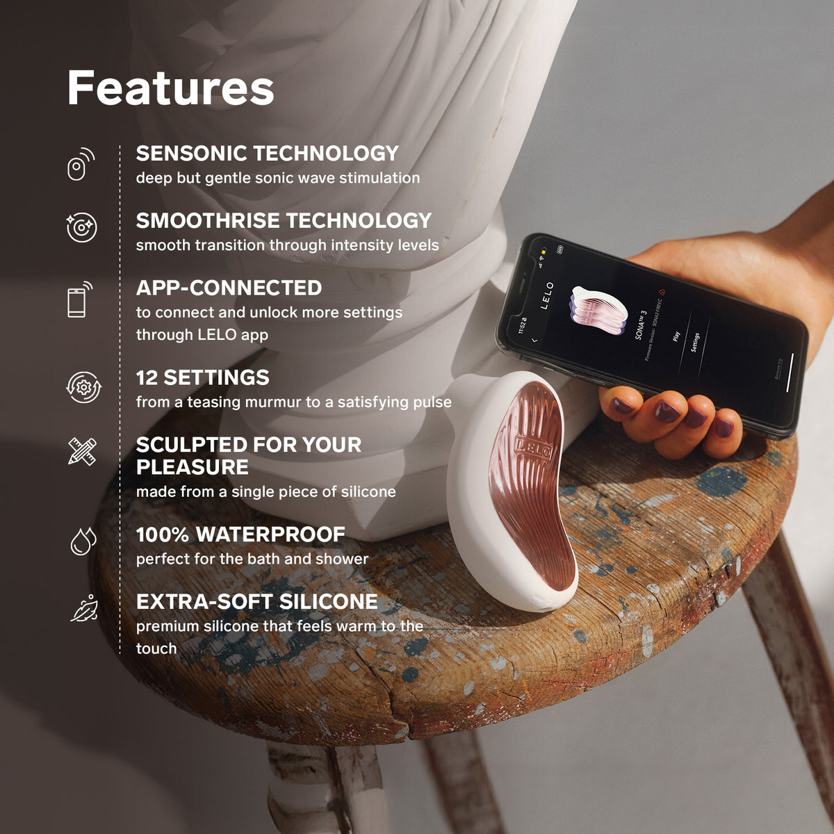 LELO SONA™ 3 Waterproof Rechargeable Silicone Sonic Clitoral Massager - Features
