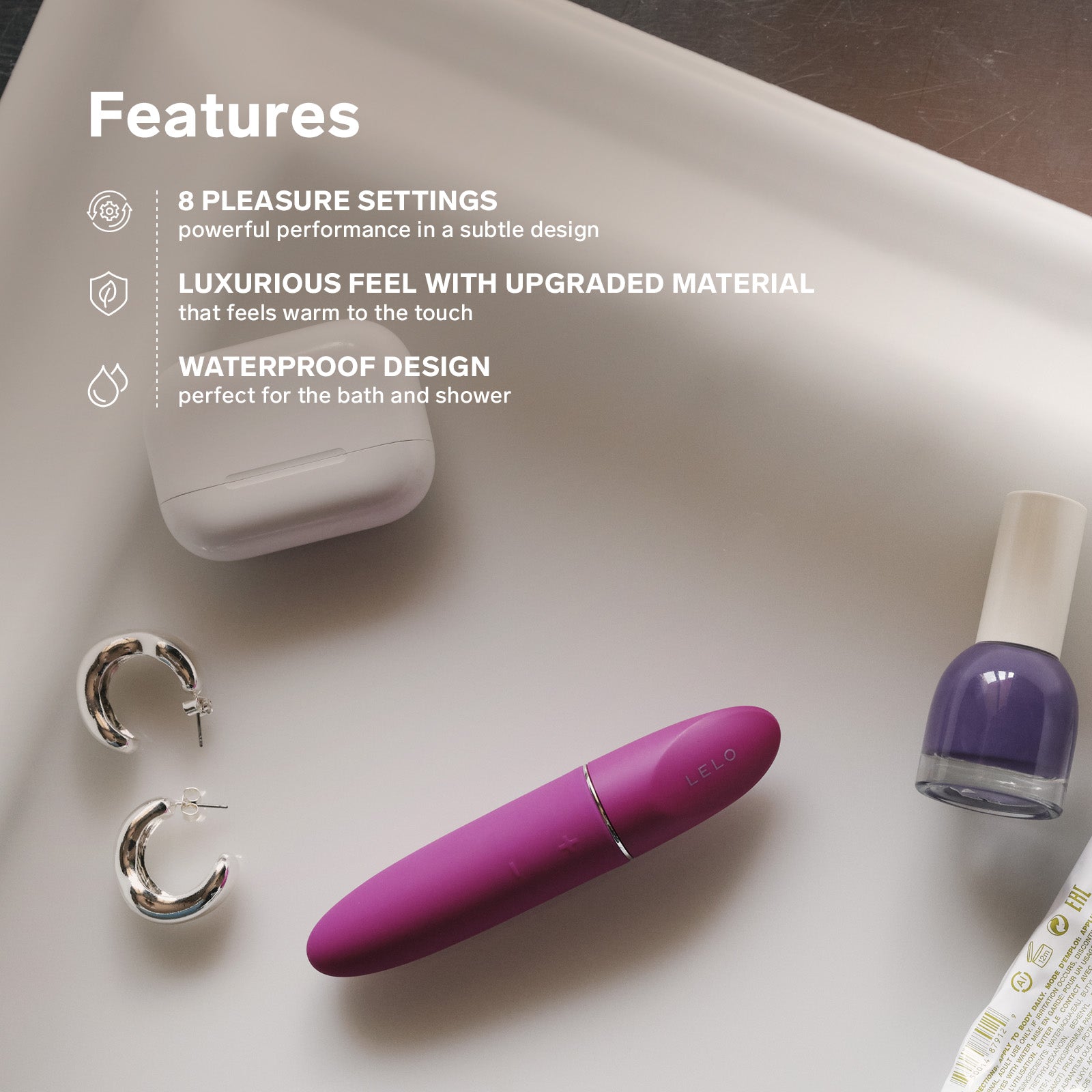 LELO MIA™ 3 Silicone Personal Massager & Clitoral Vibrator - Features Graphic