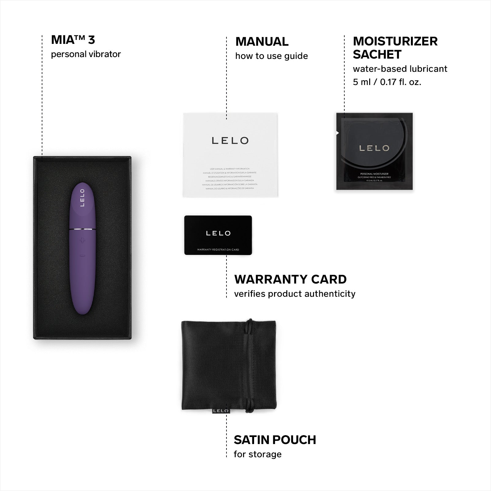 LELO MIA™ 3 Silicone Personal Massager & Clitoral Vibrator - What's Included