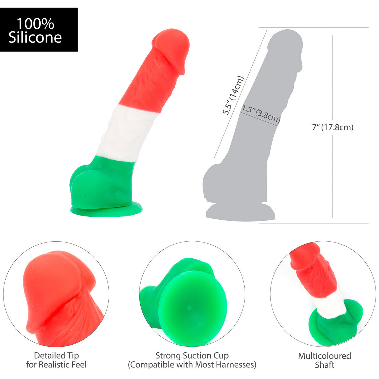 Addiction - Leonardo 7" Silicone Suction Cup Dildo With Balls - Red, White, Green