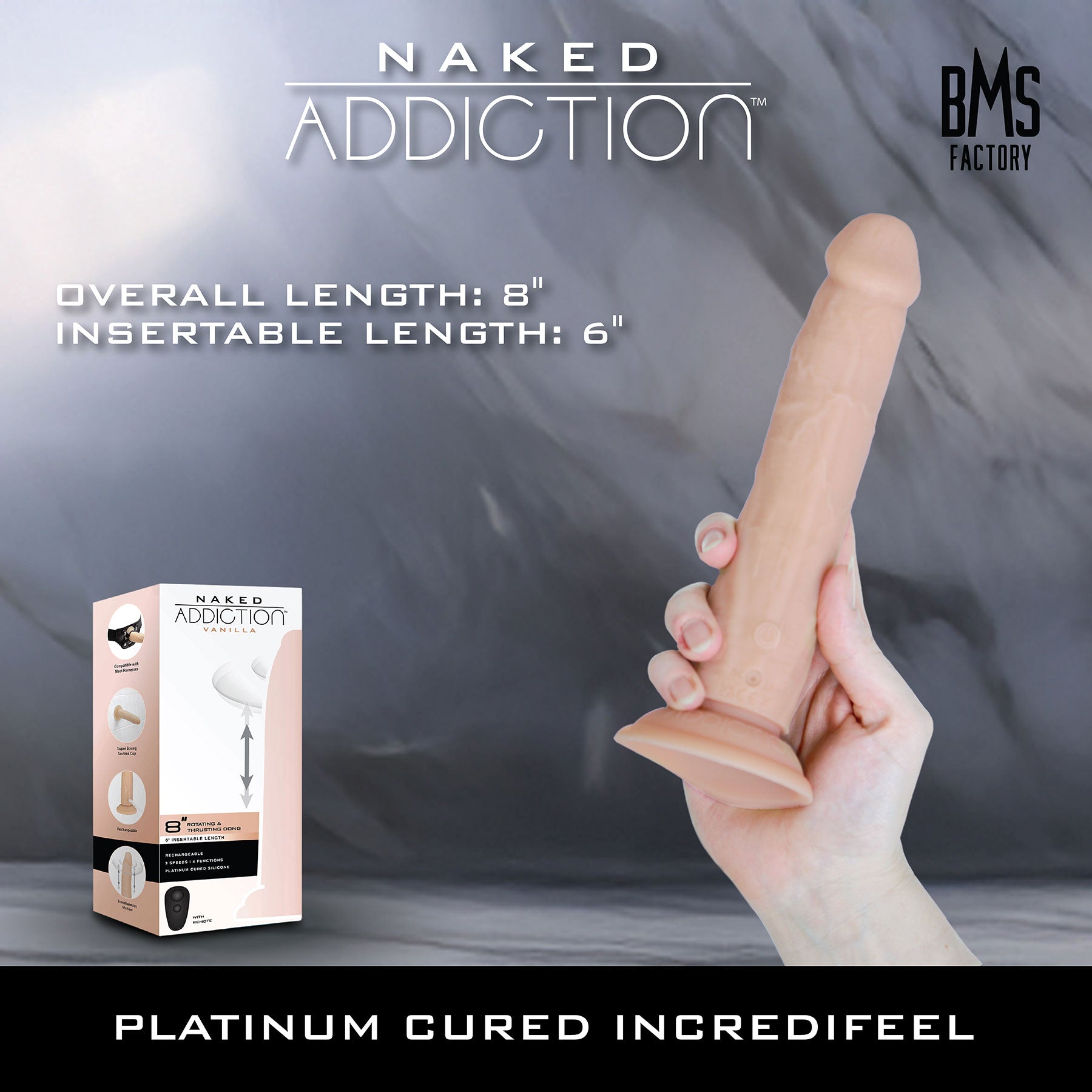 Naked Addiction Rotating, Thrusting, Vibrating 8" Silicone Suction Cup Dildo With Remote