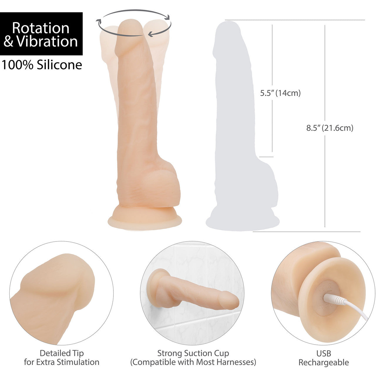 Naked Addiction Rotating & Vibrating 8" Silicone Suction Cup Dildo With Balls & Remote - Vanilla