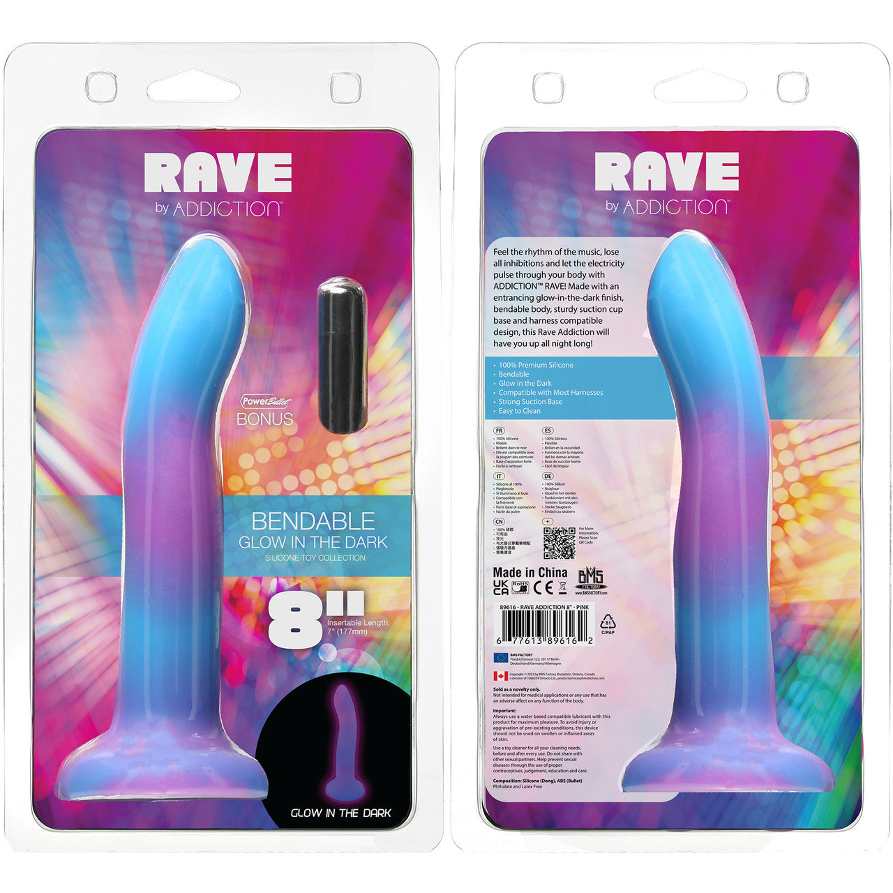 Rave By Addiction Silicone 8" Glow In The Dark Bendable Suction Cup Dildo - Blue & Purple