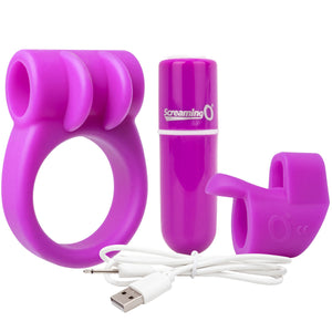 Charged CombO Kit #1 Silicone Cock Ring & Fingertip Sleeve By Screaming O - Purple