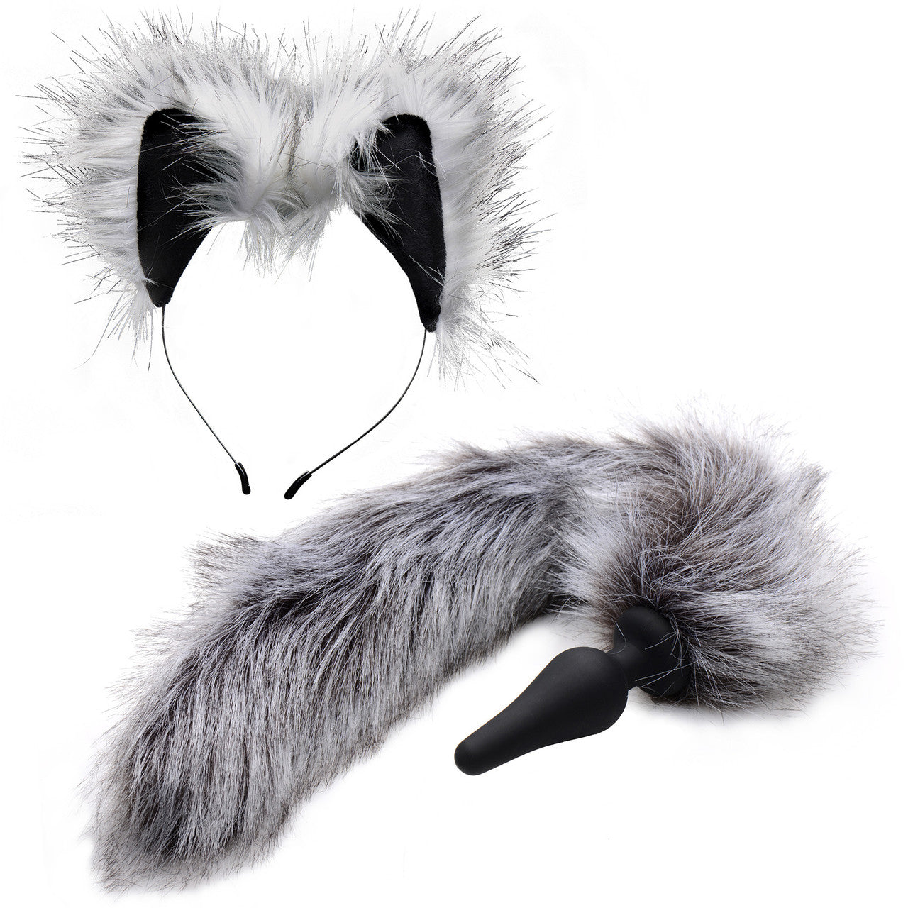 Tailz Black Silicone Anal Plug With Grey Wolf Faux Fur Tail & Matching Ears