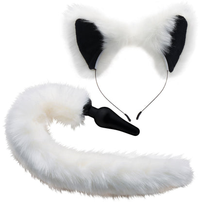 Tailz Black Silicone Anal Plug With White Fox Faux Fur Tail & Matching Ears