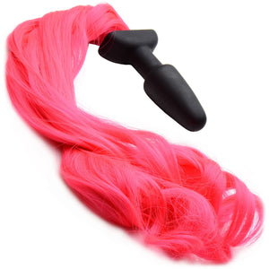 Tailz Black Silicone Anal Plug With Hot Pink Pony Faux Fur Tail