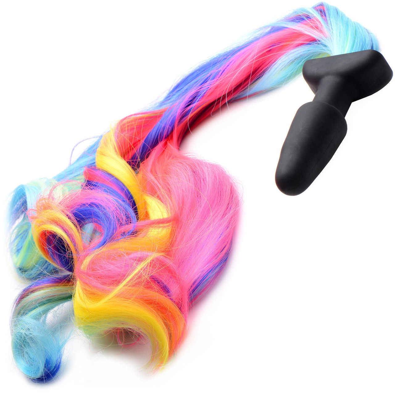 Tailz Black Silicone Anal Plug With Rainbow Pony Faux Fur Tail