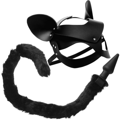 Tailz Black Silicone Anal Plug With Black Faux Fur Cat Tail & Matching Cat Mask