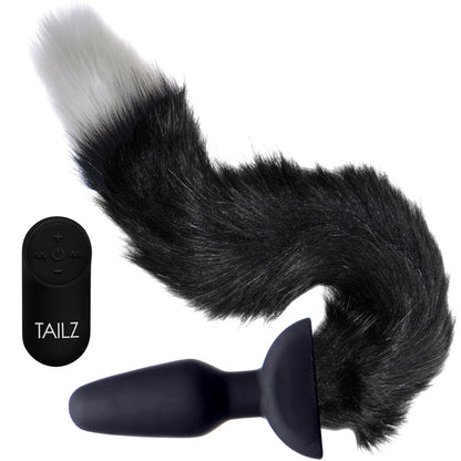 Tailz Waggerz Vibrating & Wagging Silicone Anal Plug With Black & White Faux Fur Tail & Remote