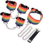 Master Series Kinky Pride Rainbow Bondage Set - Wrist/Ankle Cuffs & Collar With Leash