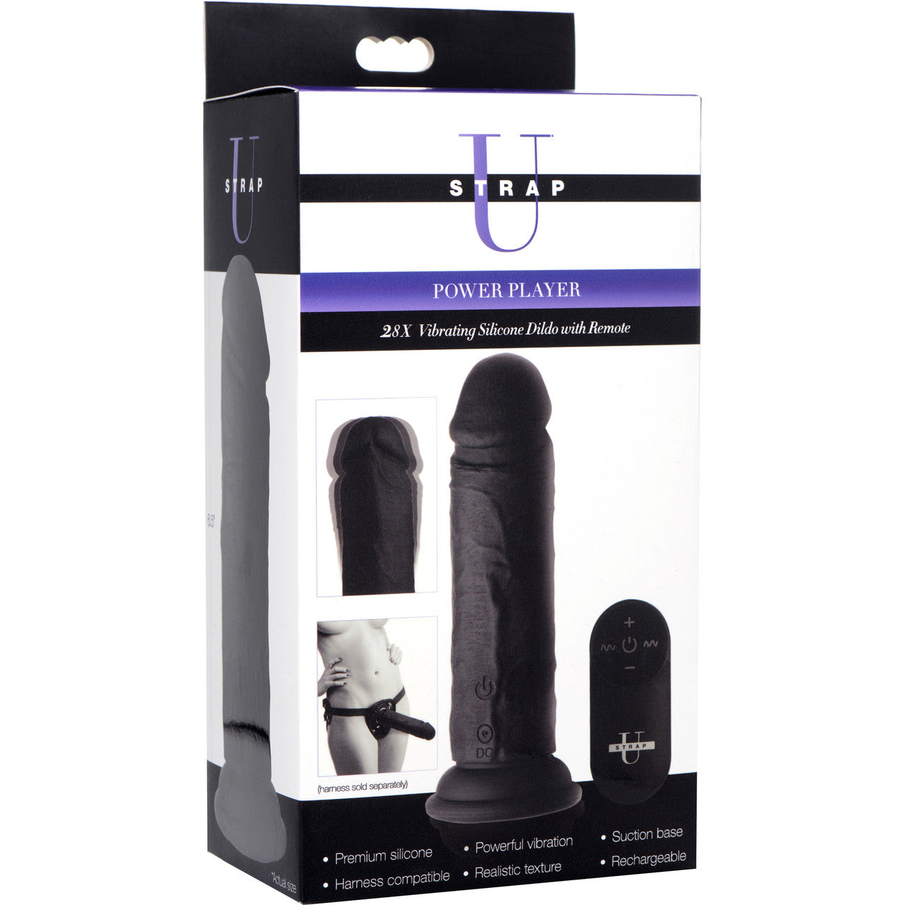 Strap U Power Player 28X Vibrating Rechargeable 6.5" Silicone Dildo With Remote - Black