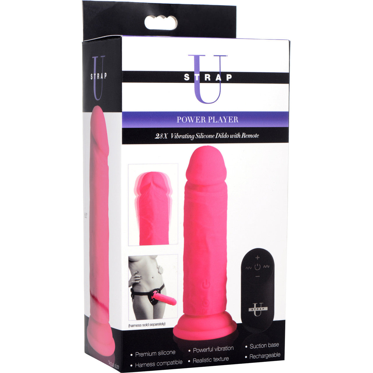 Strap U Power Player 28X Vibrating Rechargeable 6.5" Silicone Dildo With Remote - Pink