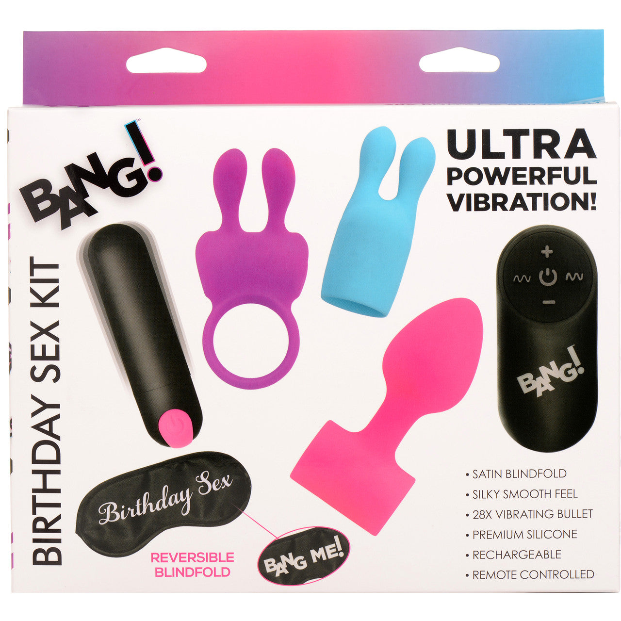 BANG! Birthday Sex Kit With Remote Control Bullet Vibrator, 3 Silicone Attachments & Blindfold