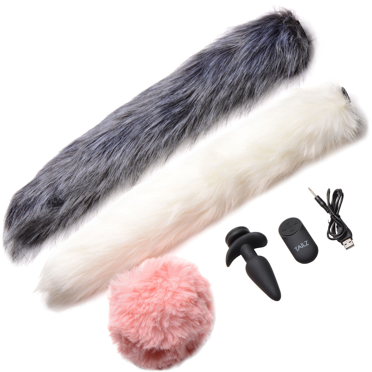 Tailz Black Vibrating Silicone Anal Plug With Remote & 3 Interchangeable Snap-On Tails