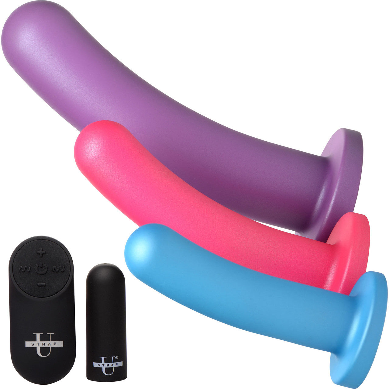 Strap U Triple Peg 28X Vibrating Rechargeable 5 Piece Silicone Dildo Set With Remote