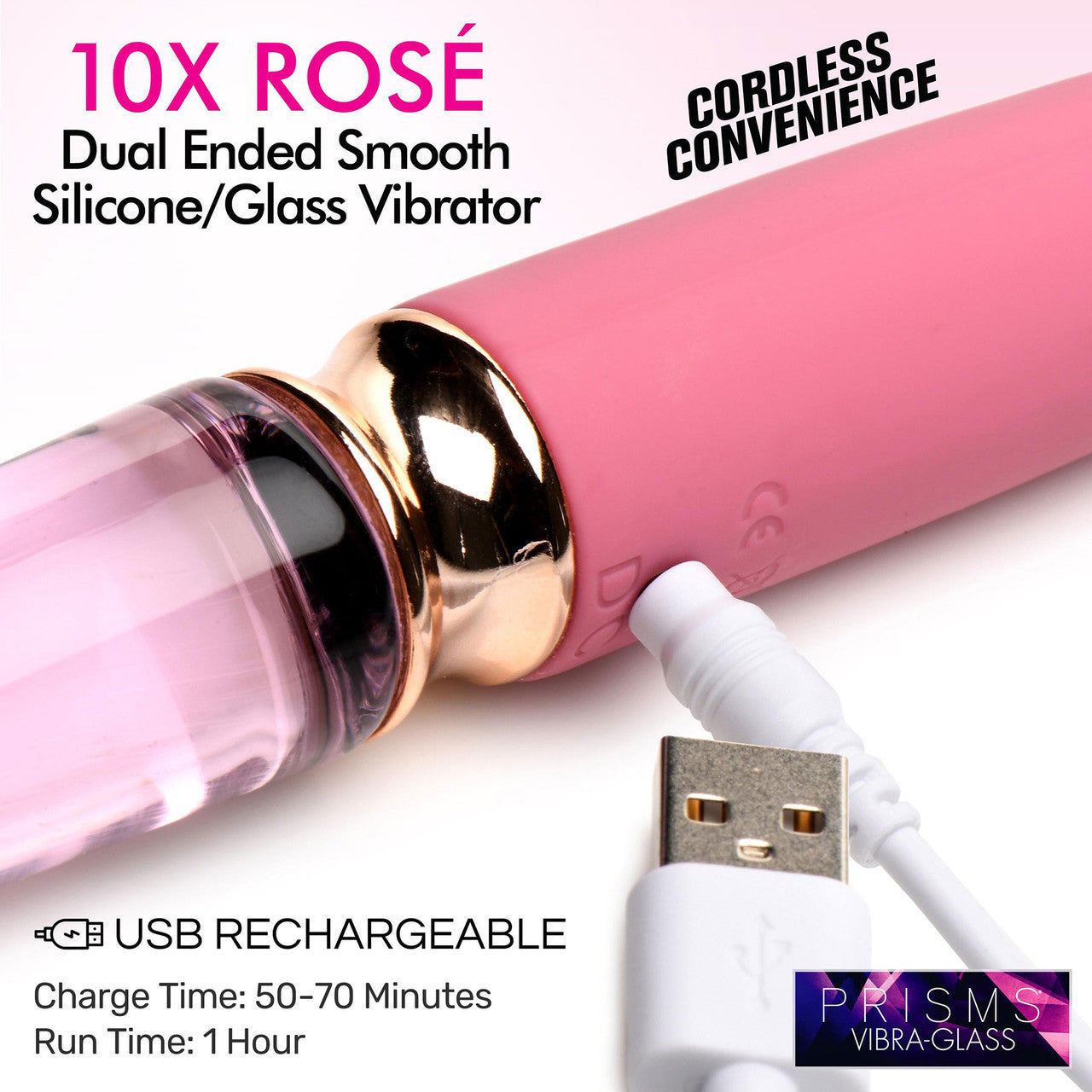 Prisms Vibra-Glass 10X Rosè Rechargeable Silicone & Glass Dual Ended Vibrator - Pink