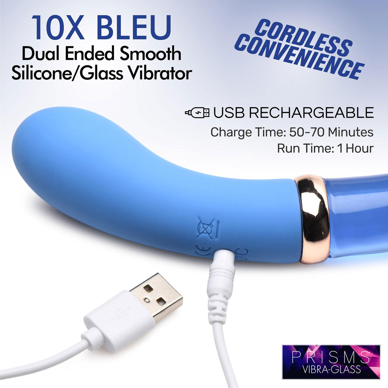 Prisms Vibra-Glass 10X Bleu Rechargeable Silicone & Glass Dual Ended G-Spot Vibrator - Blue