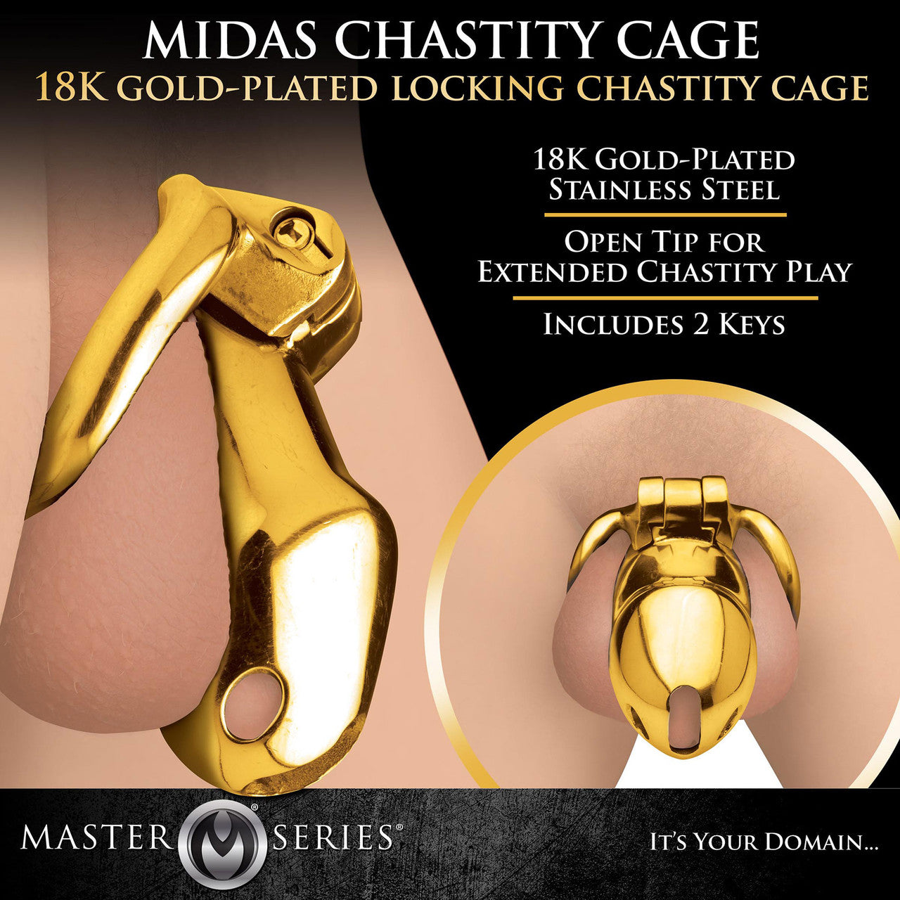 Master Series Midas 18K Gold-Plated Locking Chastity Cage With Keys