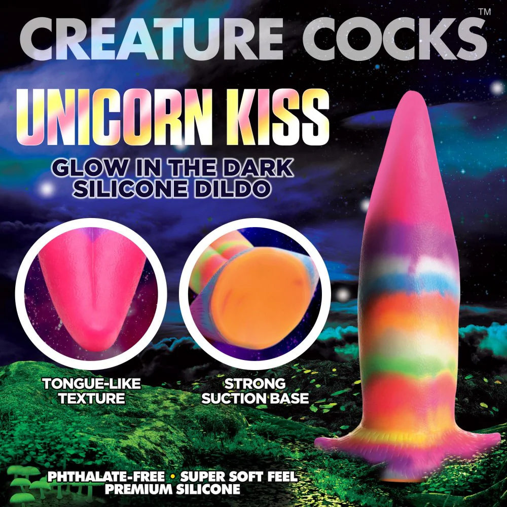 Unicorn Tongue Rainbow Glow In The Dark 7.4" Silicone Suction Cup Dildo By Creature Cocks