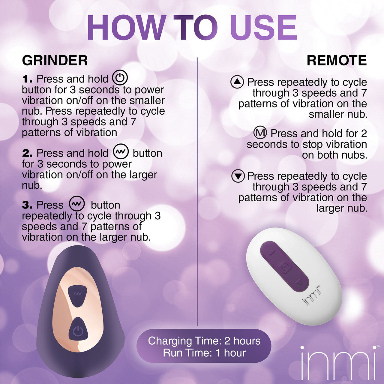 INMI Ride N' Grind 10X Rechargeable Waterproof Silicone Vibrating Grinder With Remote - Purple