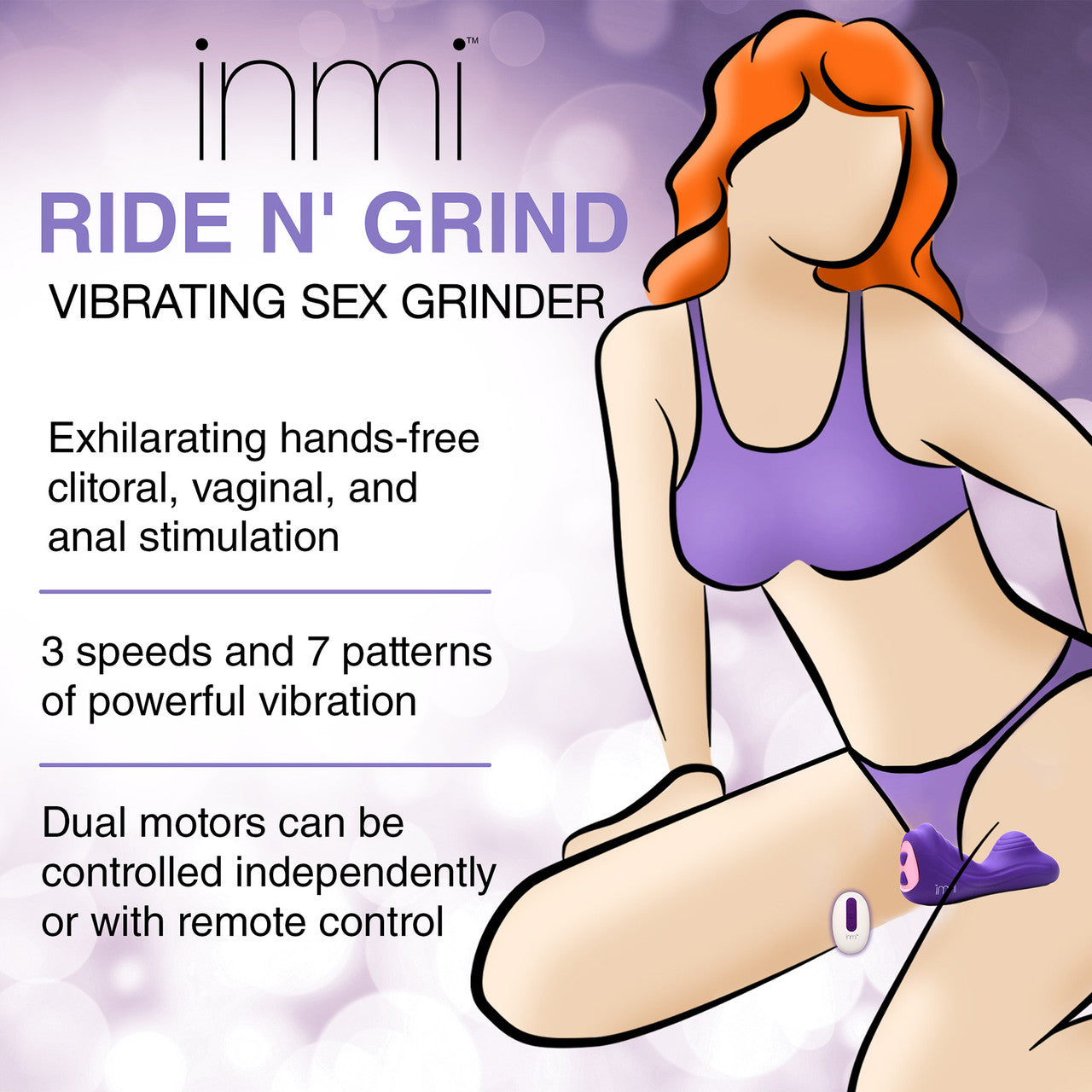 INMI Ride N' Grind 10X Rechargeable Waterproof Silicone Vibrating Grinder With Remote - Purple