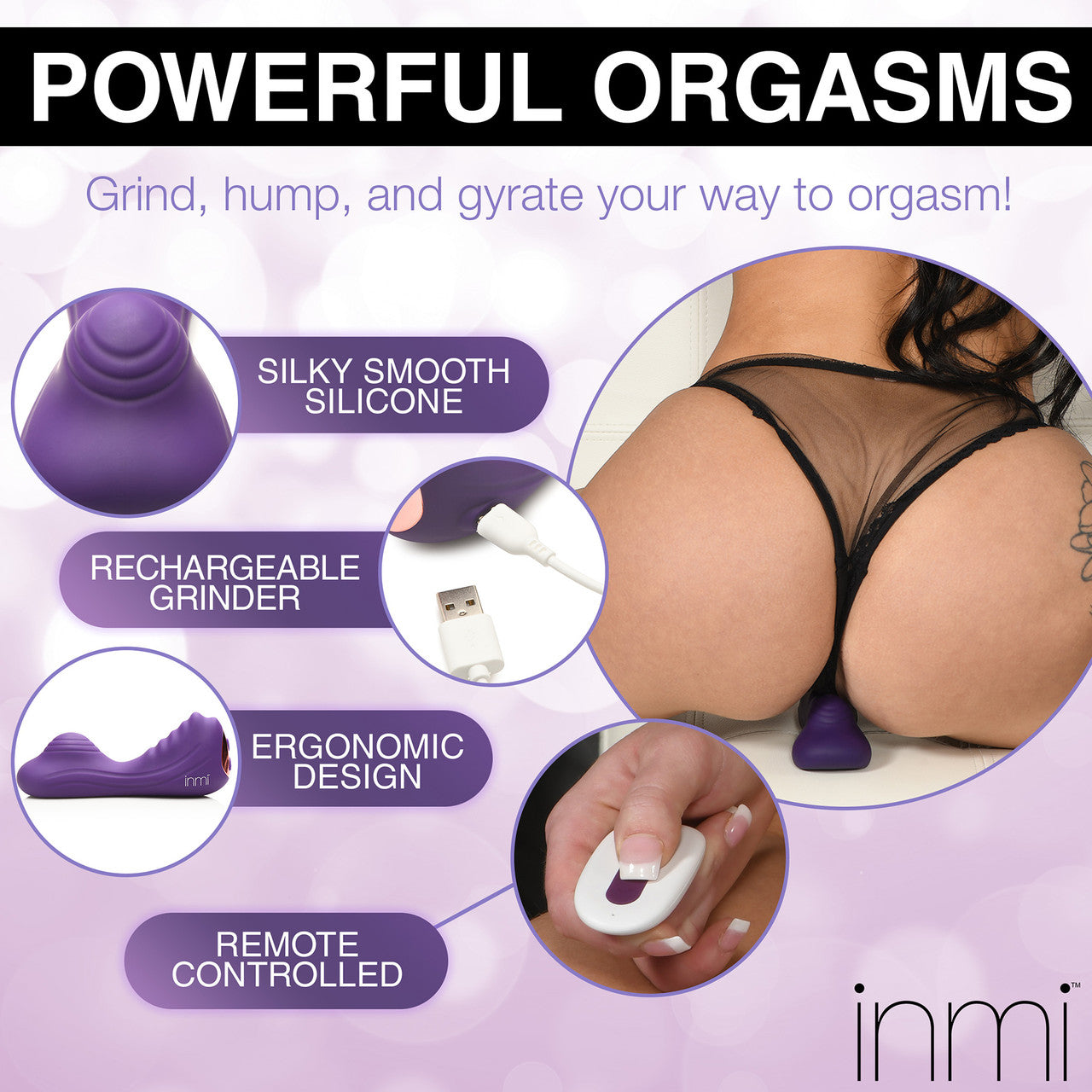 INMI Ride N' Grind 10X Rechargeable Waterproof Silicone Vibrating Grinder With Remote - Purple