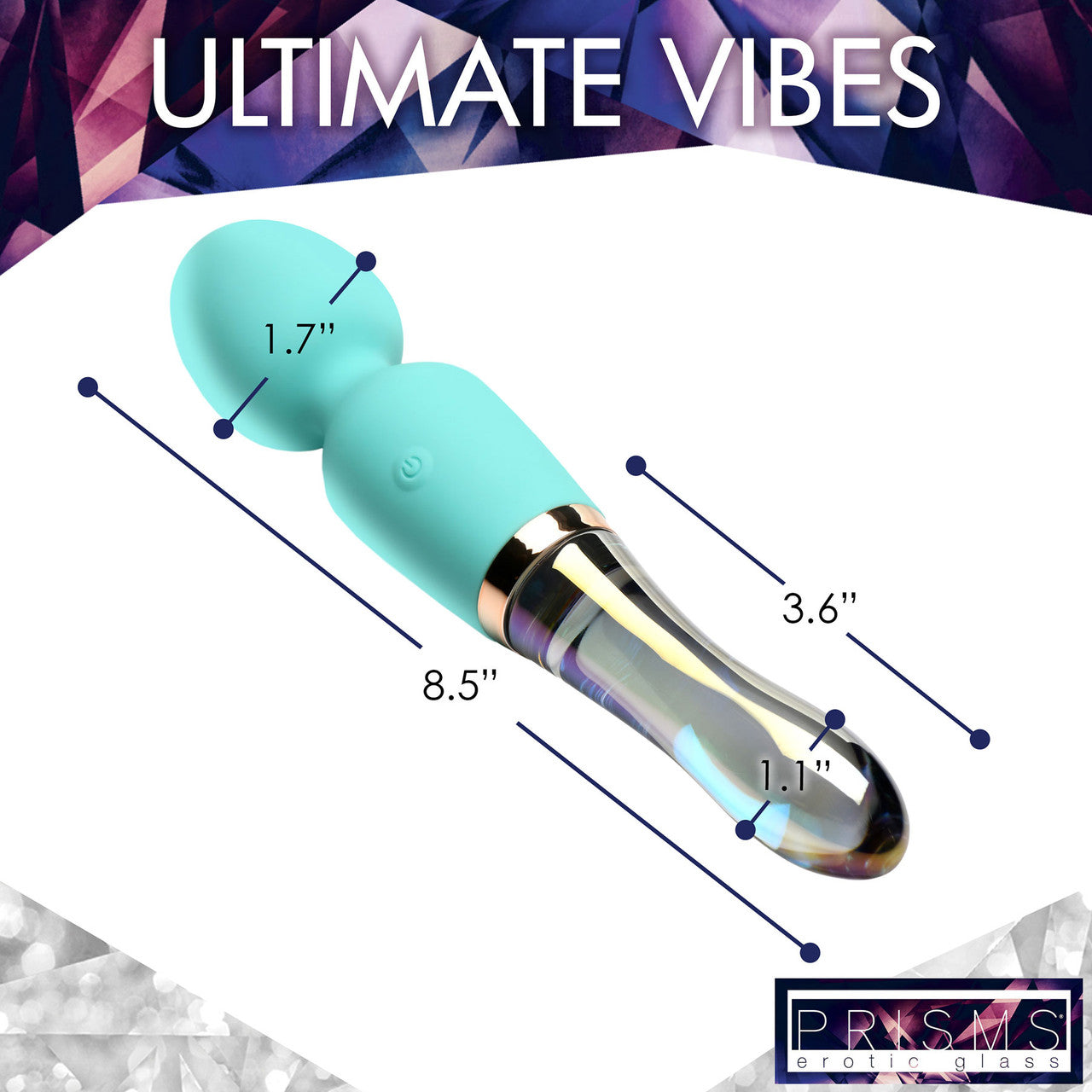 Prisms Vibra-Glass 10X Turquoise Rechargeable Silicone & Glass Dual Ended Wand Style Vibrator