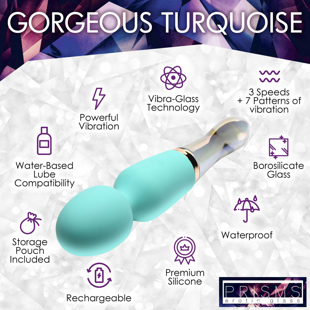 Prisms Vibra-Glass 10X Turquoise Rechargeable Silicone & Glass Dual Ended Wand Style Vibrator