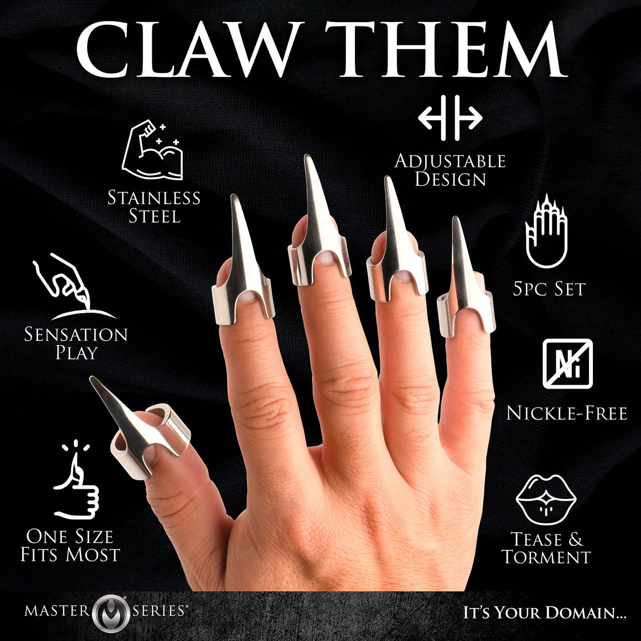 Master Series Clawed 5-Piece Sensational Fingertip Play Rings - Stainless Steel