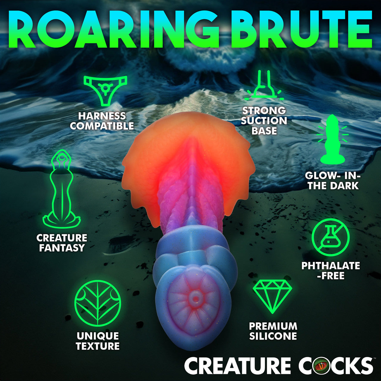 Aqua-Cock 7.5" Silicone Glow In The Dark Suction Cup Dildo By Creature Cocks