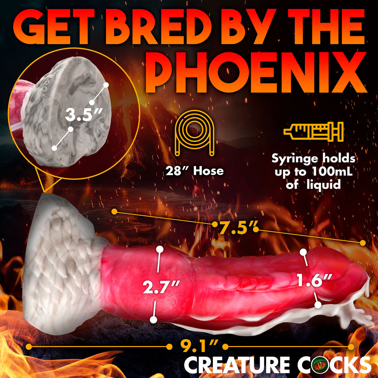 Resurrector Phoenix 9" Squirting Silicone Suction Cup Dildo By Creature Cocks