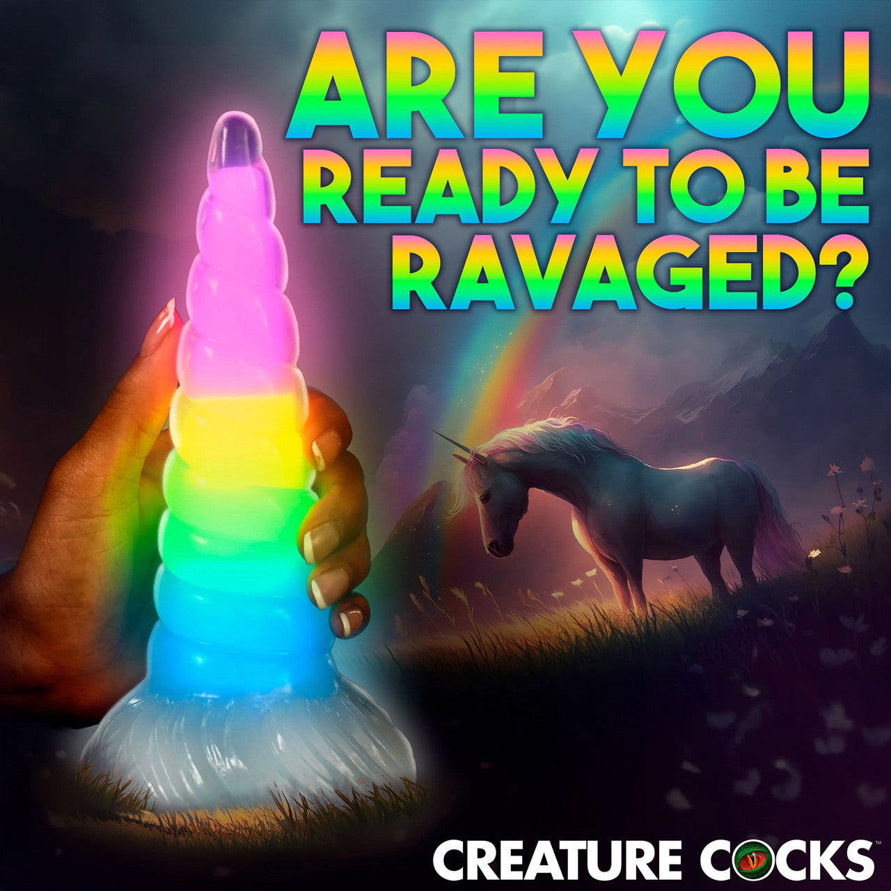 Uni-Glow 8" Glow In The Dark Rainbow Silicone Suction Cup Dildo By Creature Cocks