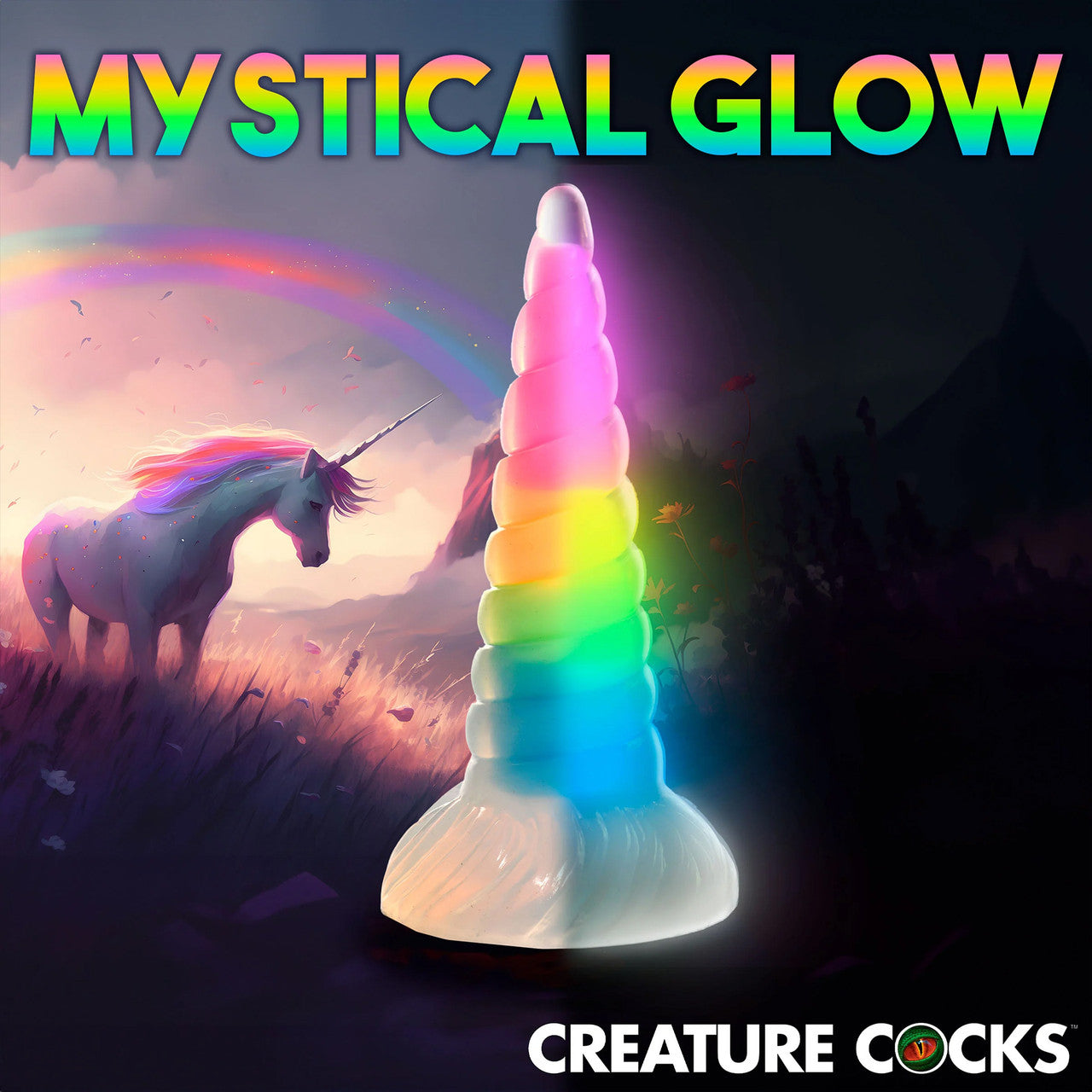 Uni-Glow 8" Glow In The Dark Rainbow Silicone Suction Cup Dildo By Creature Cocks