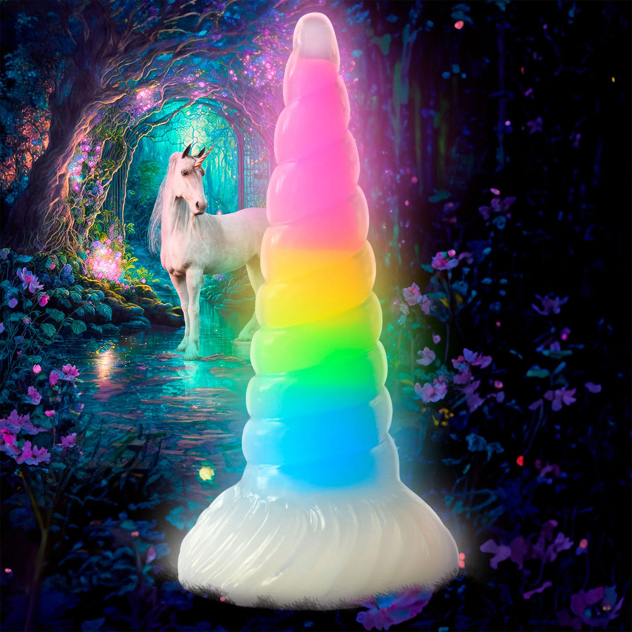 Uni-Glow 8" Glow In The Dark Rainbow Silicone Suction Cup Dildo By Creature Cocks