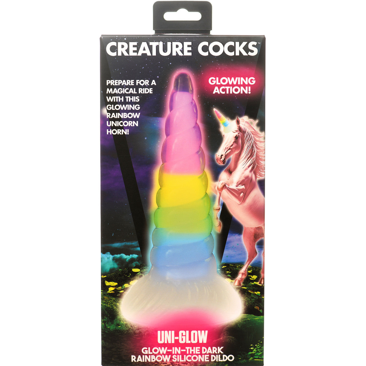 Uni-Glow 8" Glow In The Dark Rainbow Silicone Suction Cup Dildo By Creature Cocks