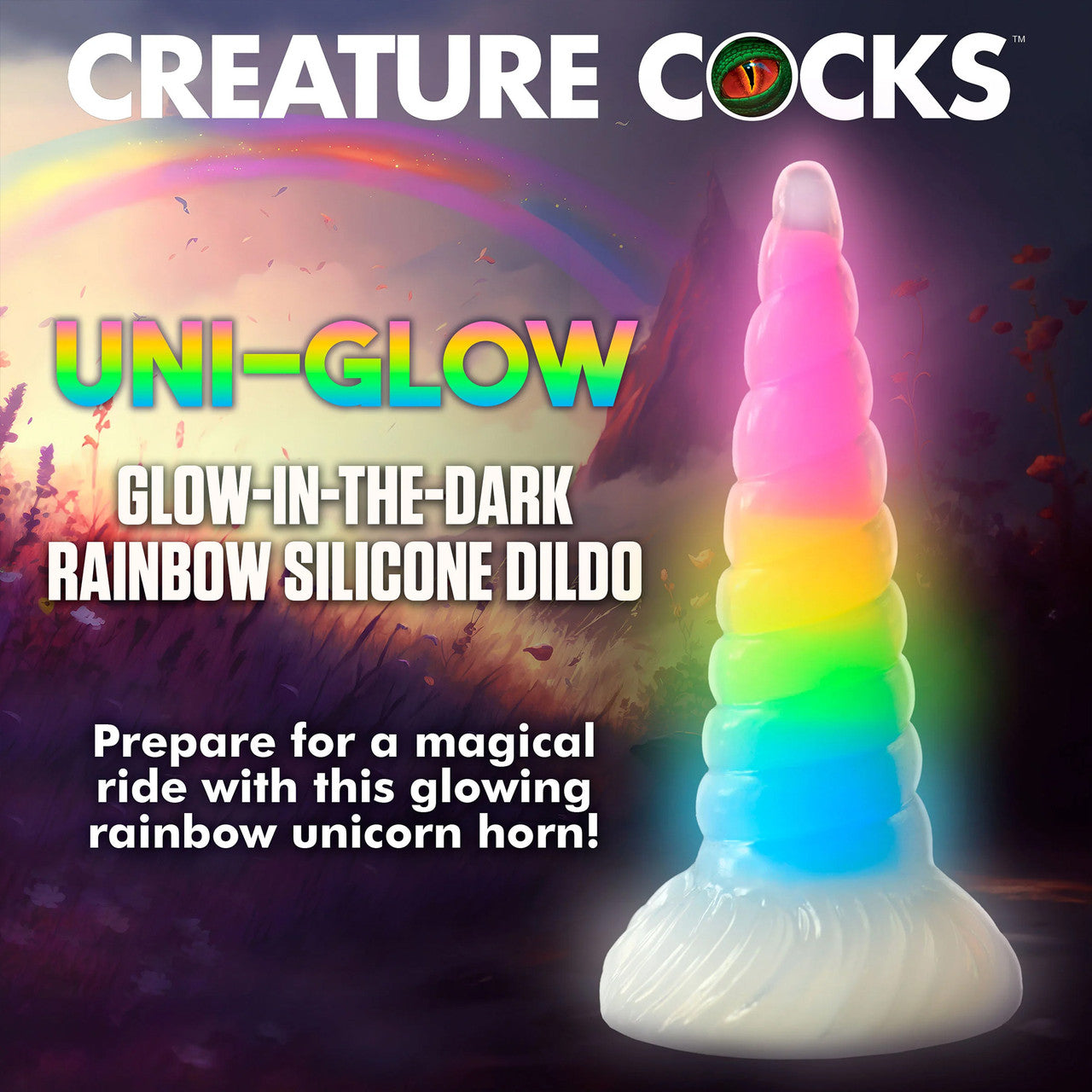 Uni-Glow 8" Glow In The Dark Rainbow Silicone Suction Cup Dildo By Creature Cocks