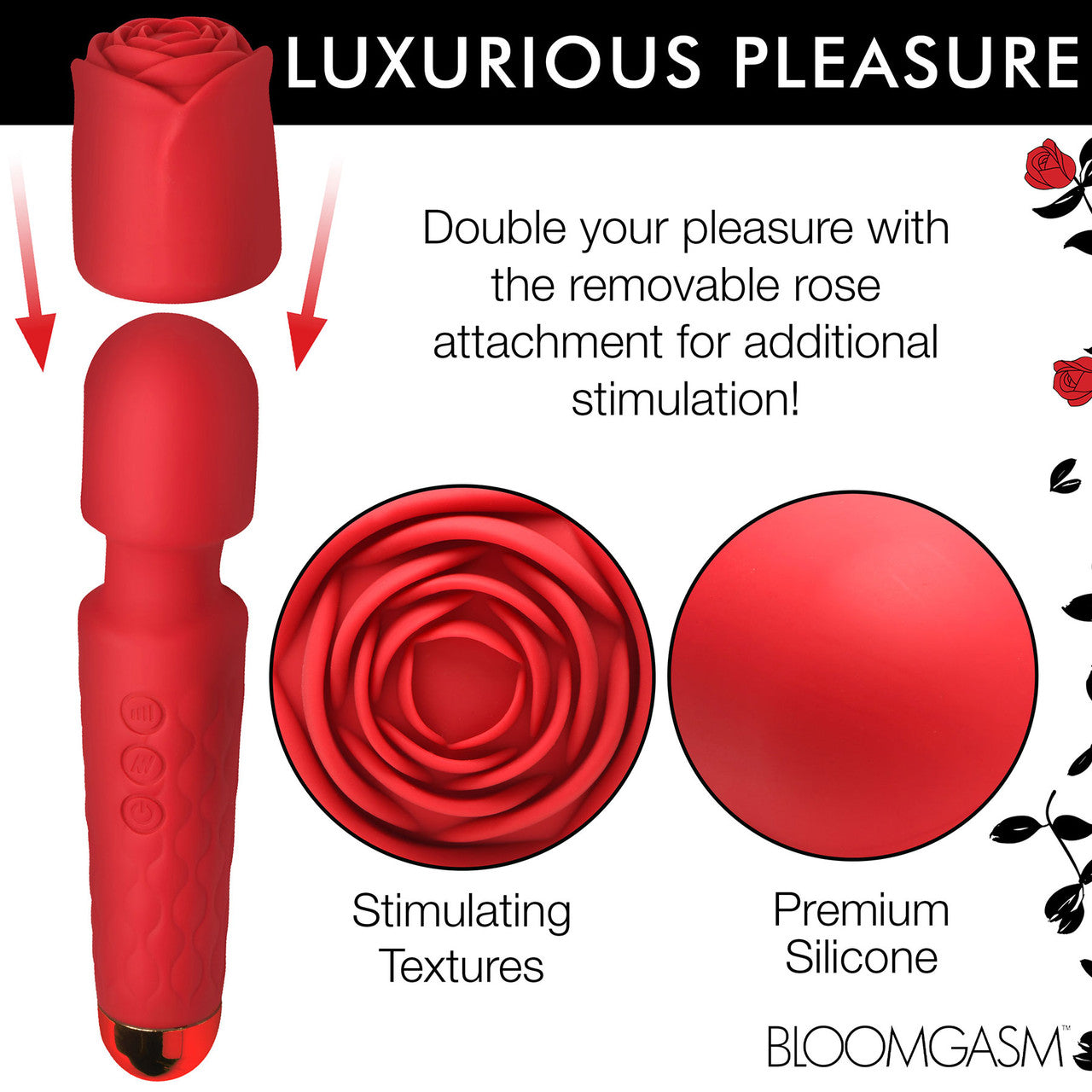 Bloomgasm Pleasure Rose 10X Rechargeable Silicone Wand Vibrator With Rose Attachment - Red