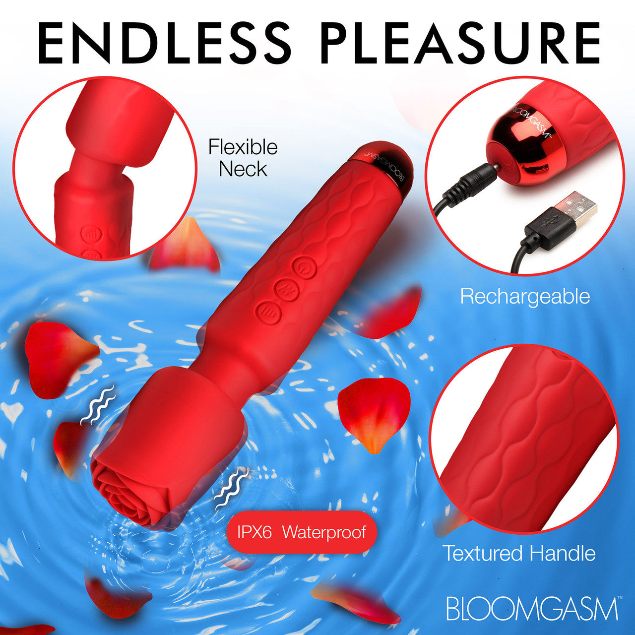 Bloomgasm Pleasure Rose 10X Rechargeable Silicone Wand Vibrator With Rose Attachment - Red