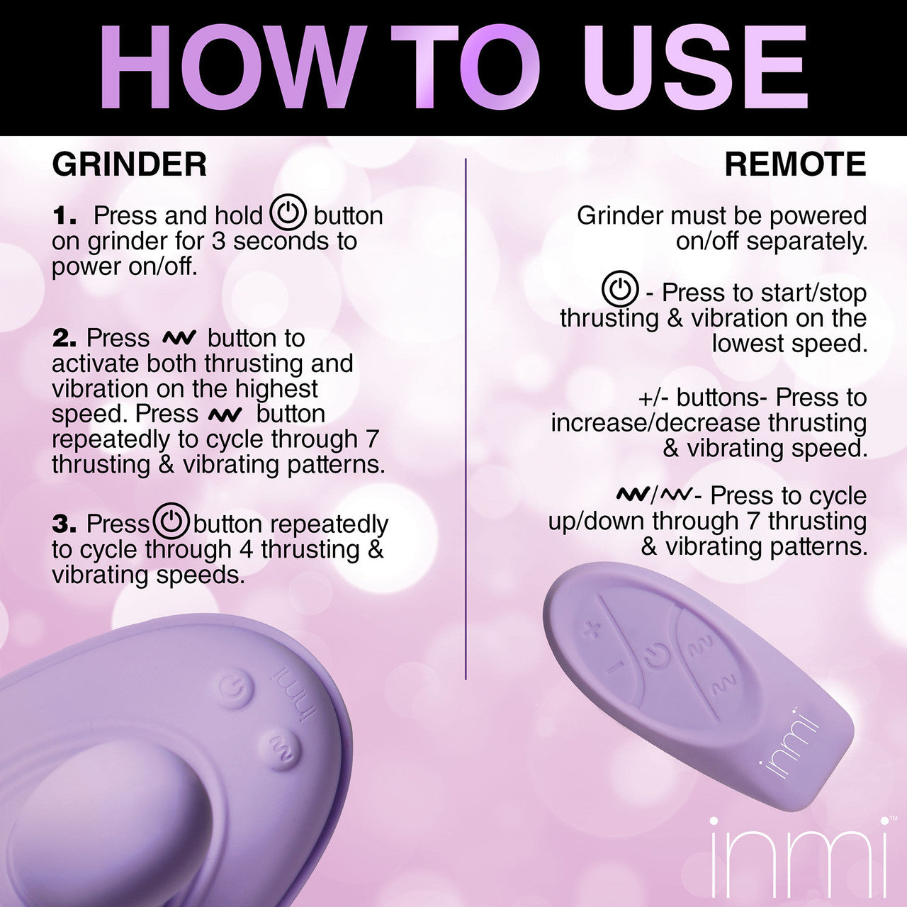 Inmi Thrust 'N' Grind Thrusting & Vibrating Silicone Rechargeable Grinder With Remote - Purple