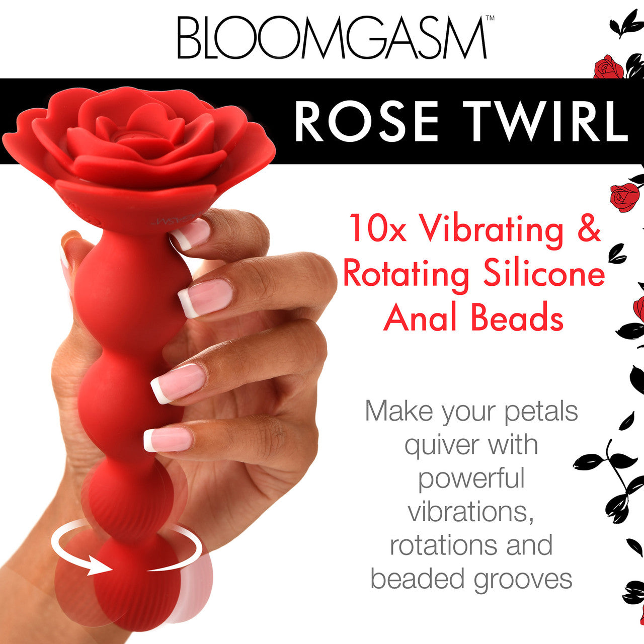 Bloomgasm Rose Twirl 10X Vibrating & Rotating Rechargeable Silicone Anal Beads - Red