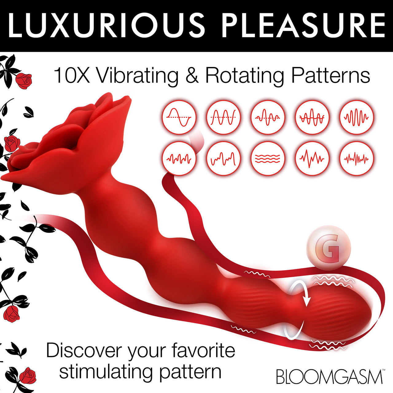 Bloomgasm Rose Twirl 10X Vibrating & Rotating Rechargeable Silicone Anal Beads - Red